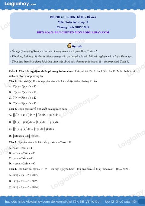 Đề thi giữa kì 2 Toán 12 - Đề số 6